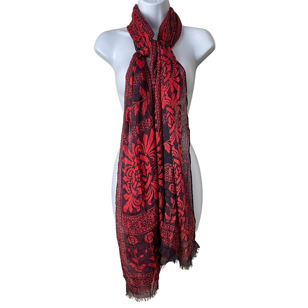 Gretchen Scott Scarf Floral Damask Print Modal Lightweight Fringe Red Black NEW